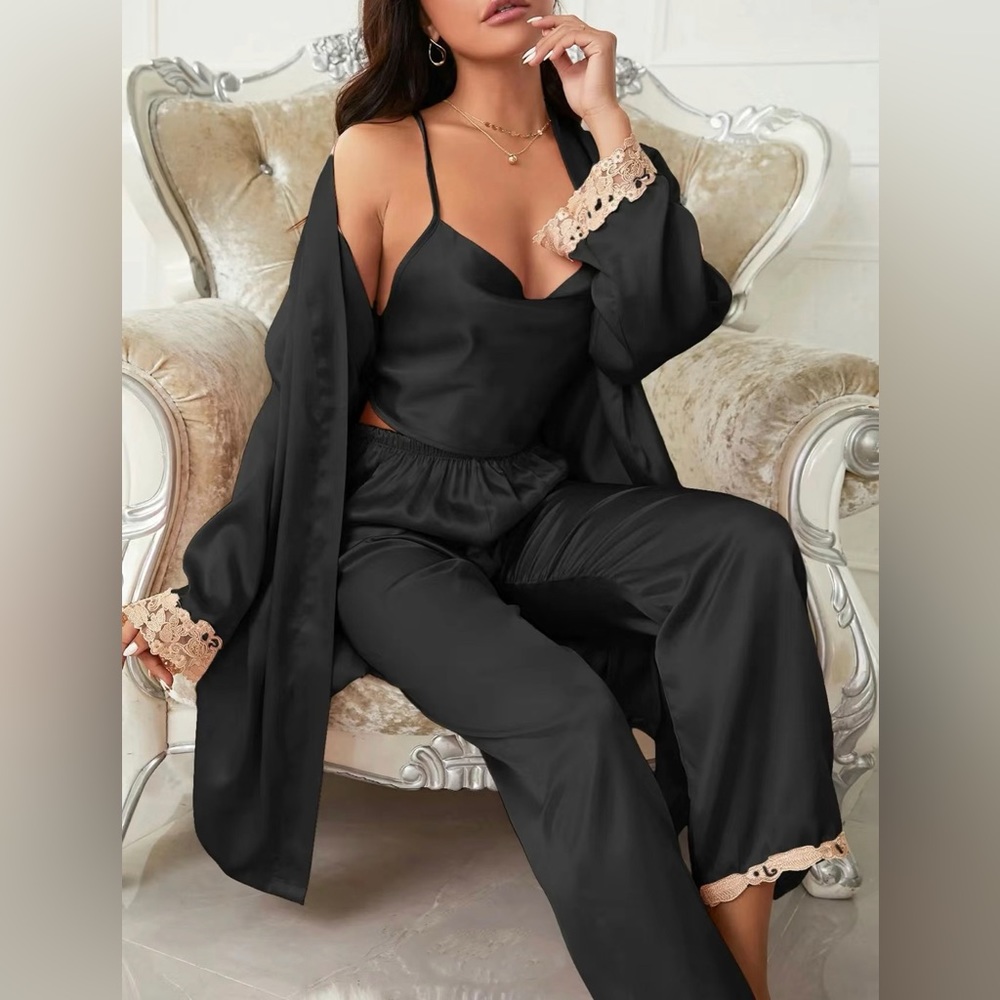 Black 3-piece Sets Silk Satin Cami Top & Pants With Robe Pajama Set